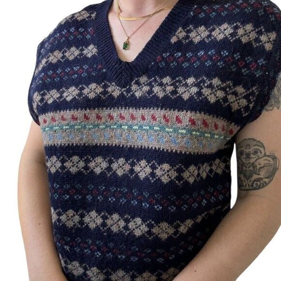 Vintage 1990s Womens The Villager Shetland Wool Preppy V Neck Sweater Vest Sz L - Picture 2 of 8